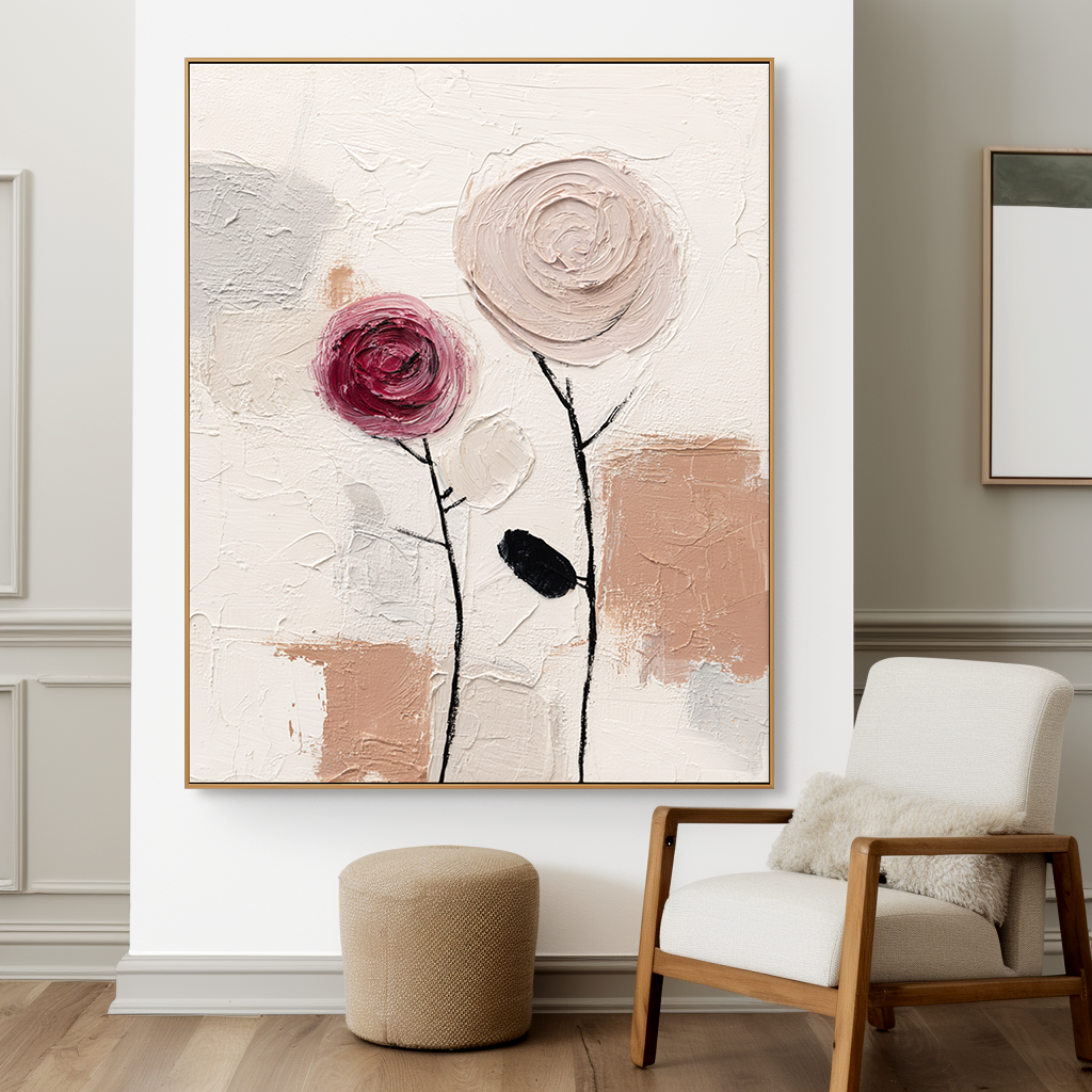 Minimalist Bloom: Textured Abstract Floral Paintings for Bedroom Decor