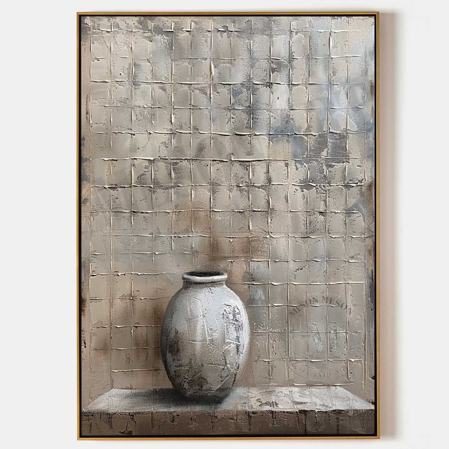 Wabi Sabi Neutral Vase Textured Wall Art, Minimal Still Life Canvas for Living Room Decor
