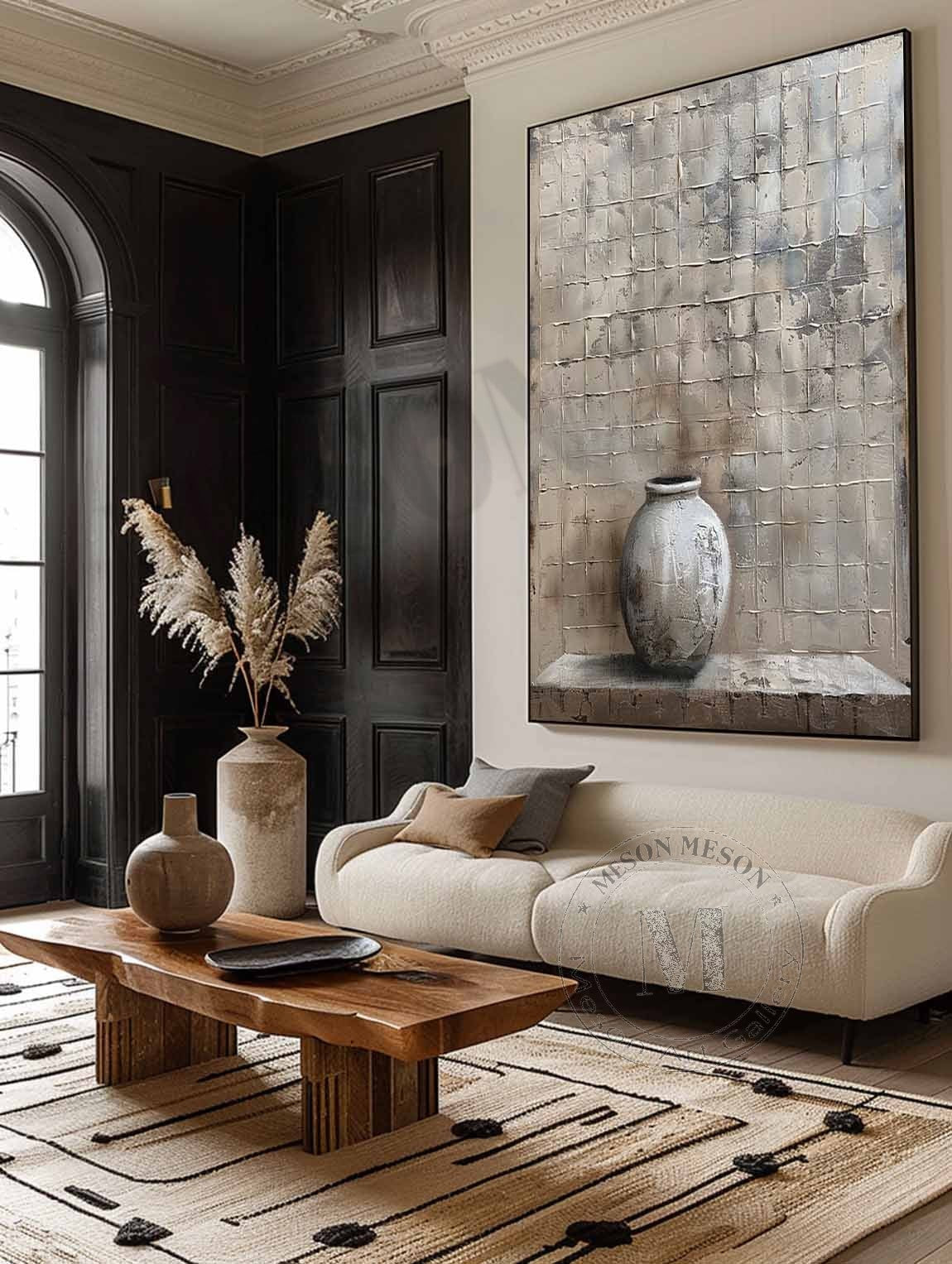 Wabi Sabi Neutral Vase Textured Wall Art, Minimal Still Life Canvas for Living Room Decor