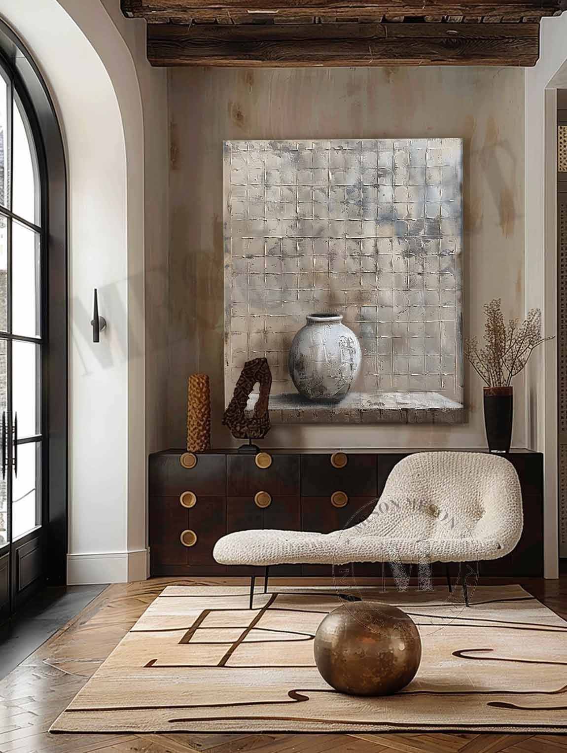Wabi Sabi Neutral Vase Textured Wall Art, Minimal Still Life Canvas for Living Room Decor
