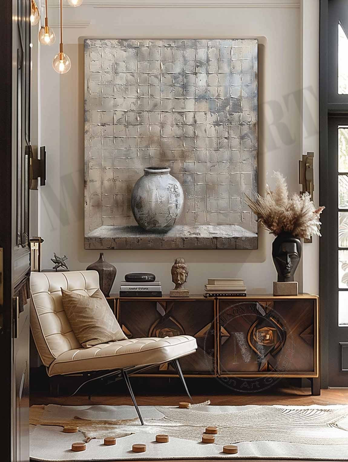 Wabi Sabi Neutral Vase Textured Wall Art, Minimal Still Life Canvas for Living Room Decor