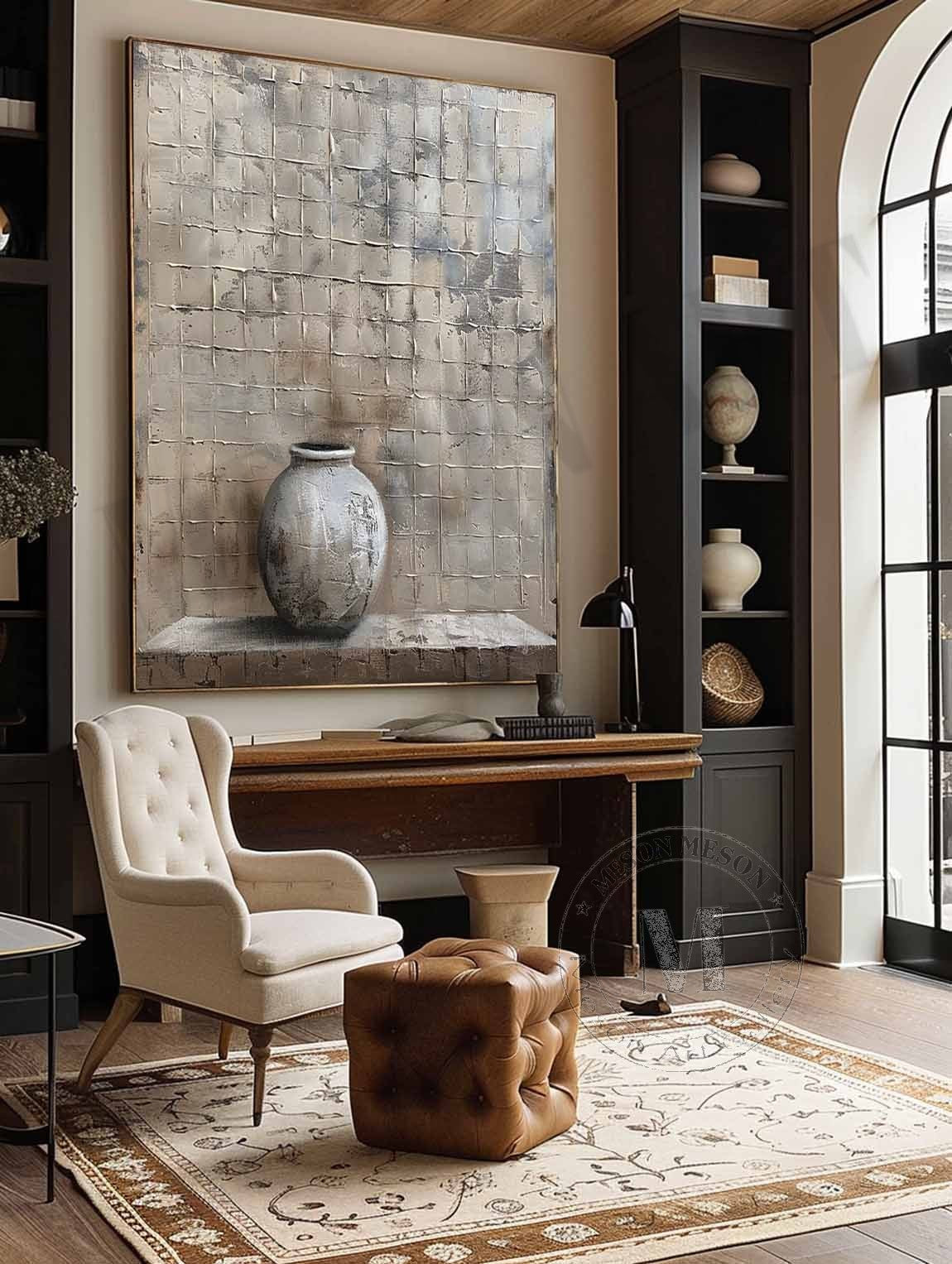 Wabi Sabi Neutral Vase Textured Wall Art, Minimal Still Life Canvas for Living Room Decor