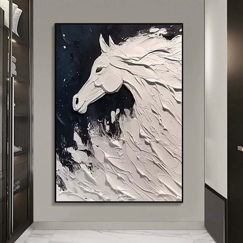 Celestial Steed: A Dramatic Textured Horse Wall Art in Black and White