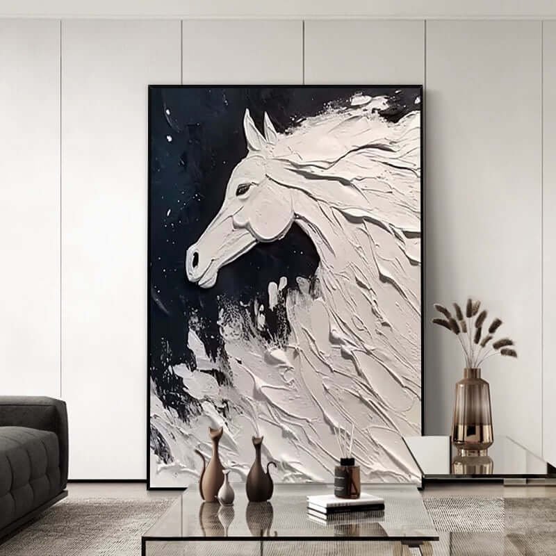 Celestial Steed: A Dramatic Textured Horse Wall Art in Black and White