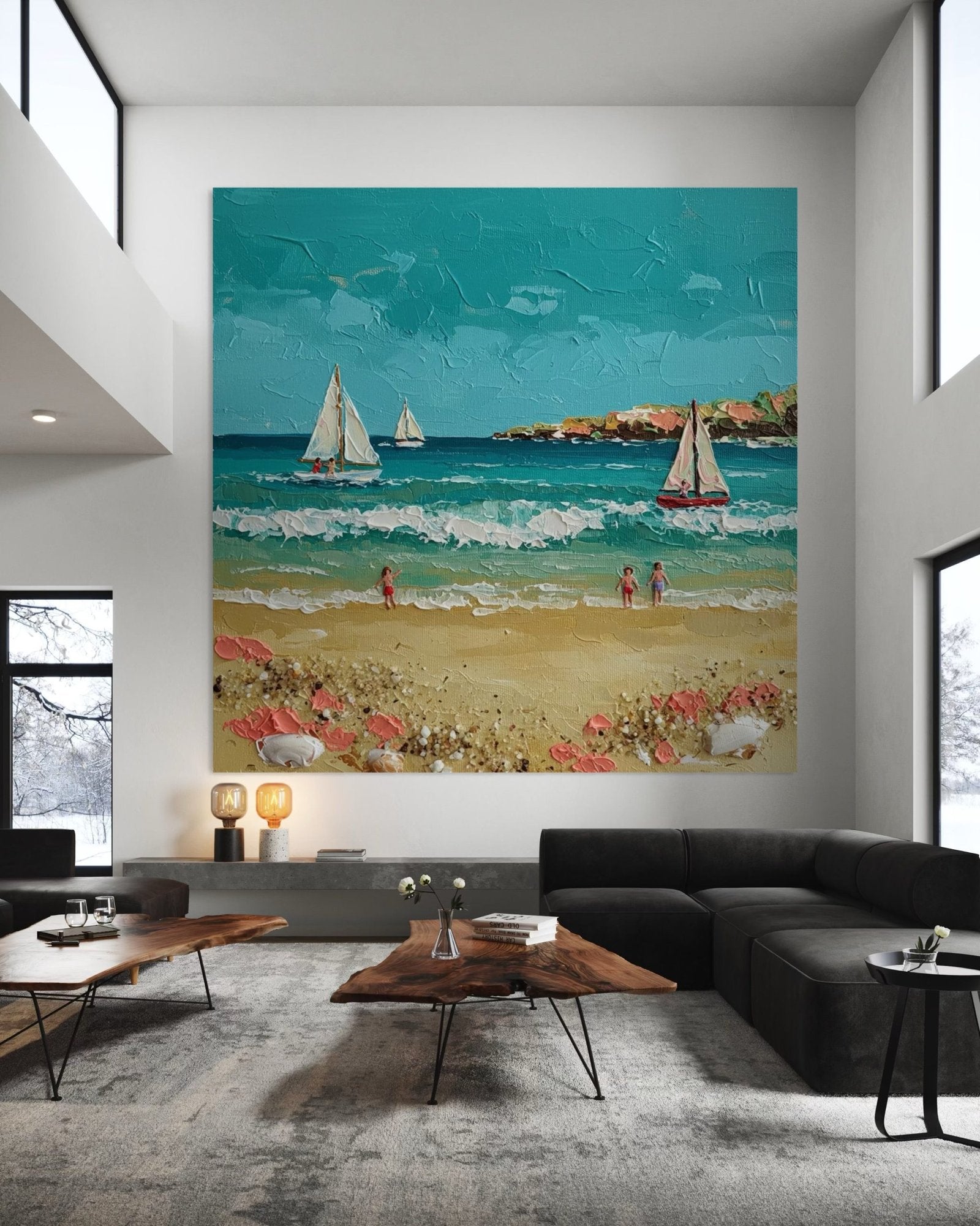 Summer Sail: A Charming Coastal Beach Canvas Painting with 3D Details
