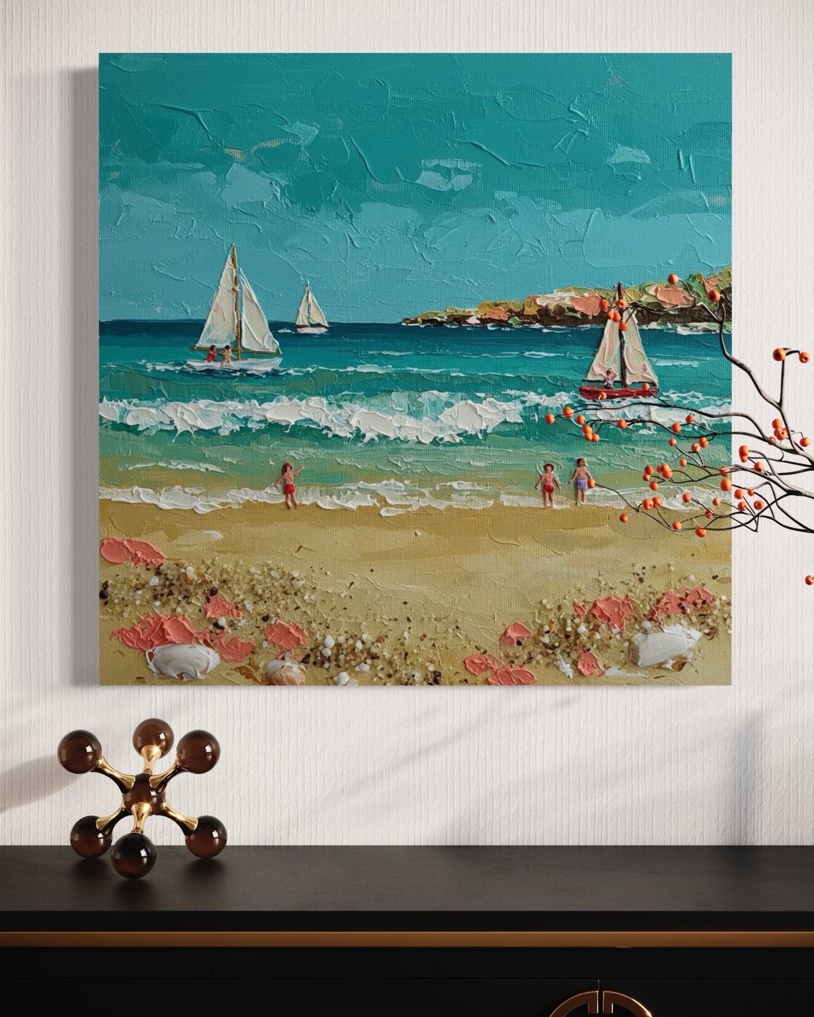 Summer Sail: A Charming Coastal Beach Canvas Painting with 3D Details