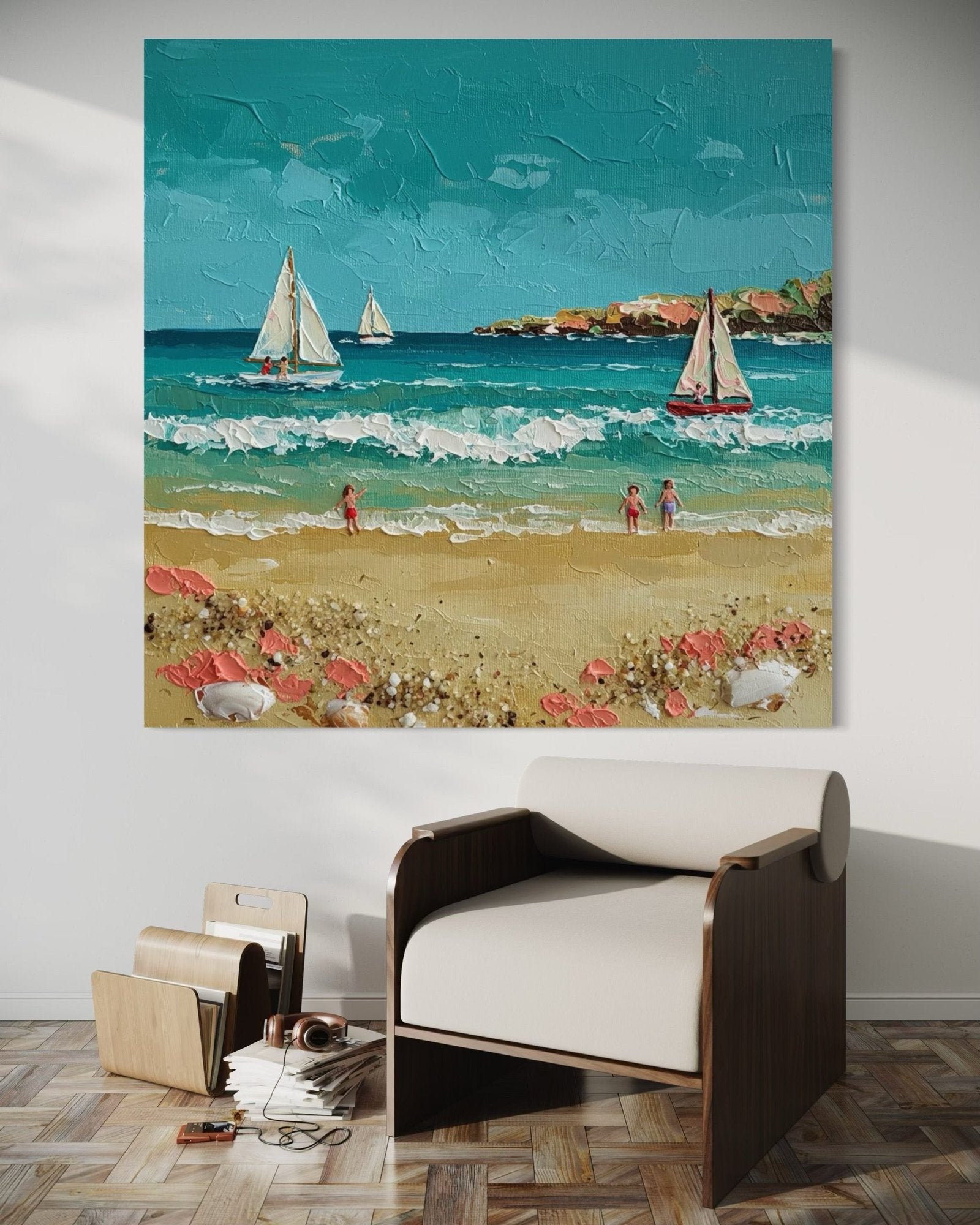 Summer Sail: A Charming Coastal Beach Canvas Painting with 3D Details