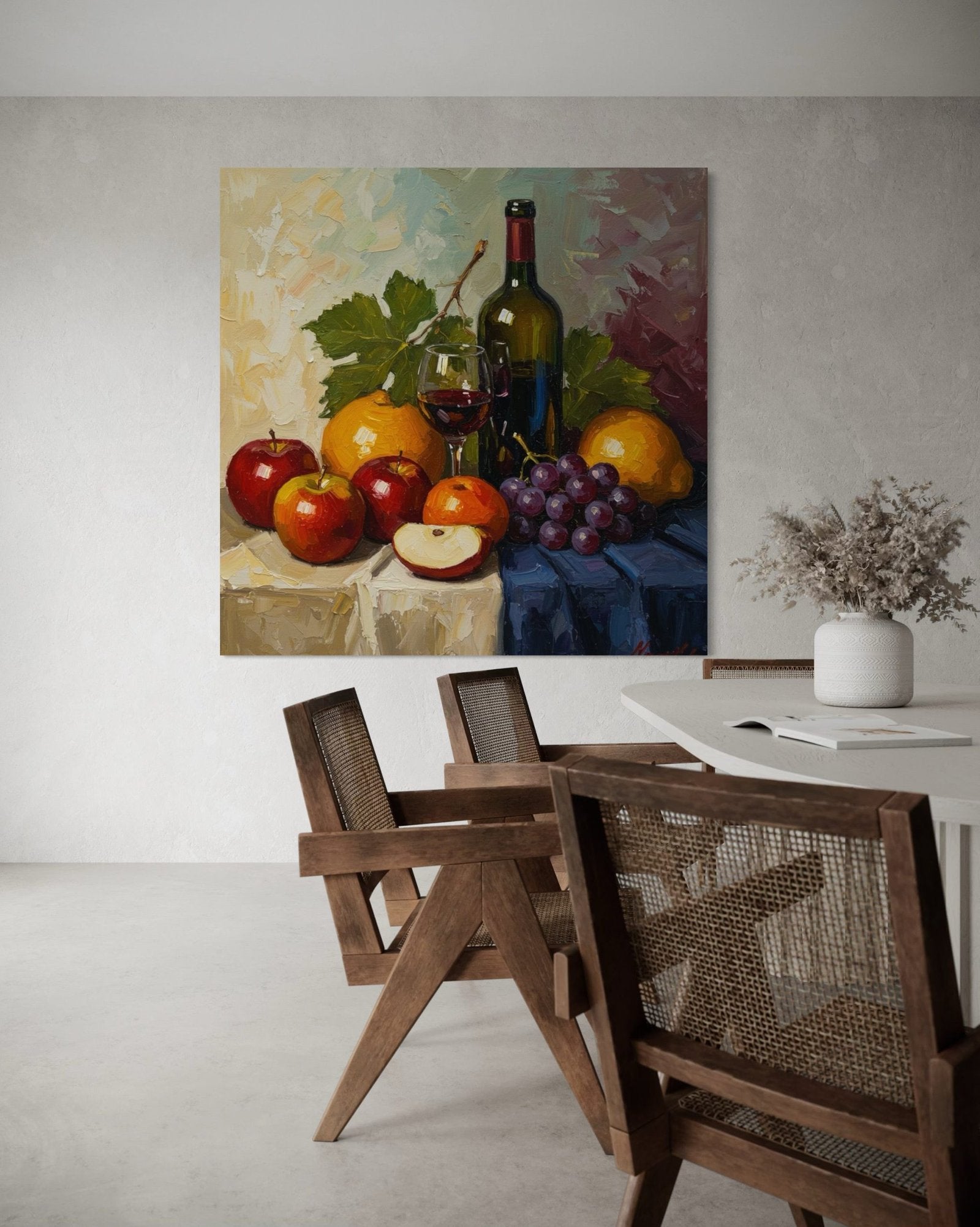 The Harvest Table: A Rustic Still Life Canvas Painting for Your Dining Room