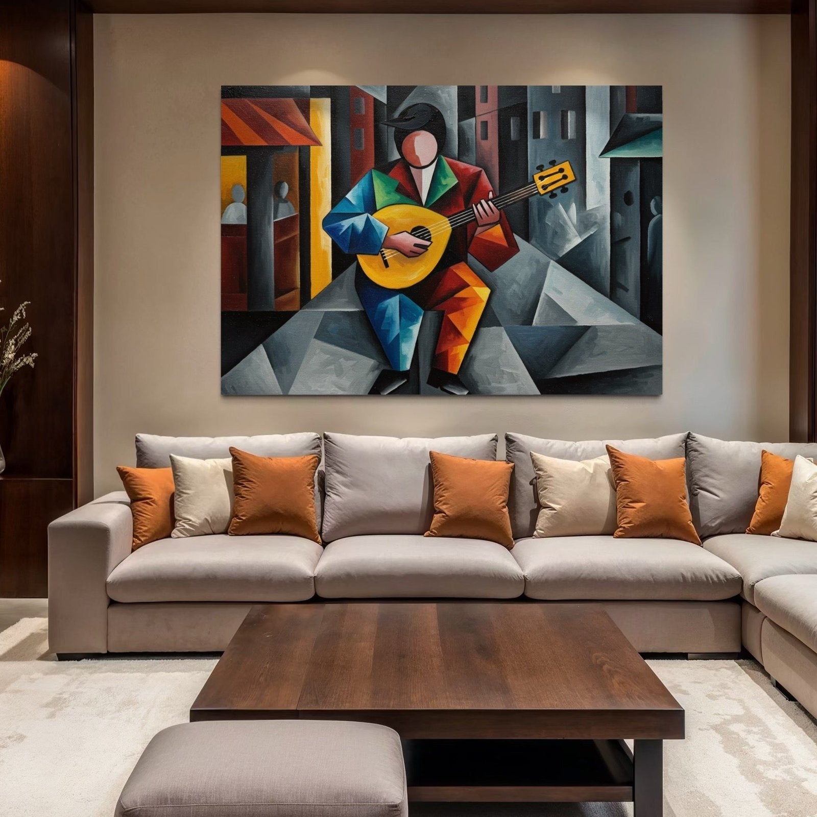 Cubist Serenade: A Geometric Music Wall Art for Living Room Decor