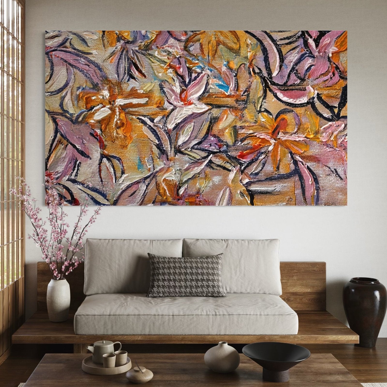 Autumnal Tapestry: A Richly Textured Floral Canvas Painting for a Warm Interior