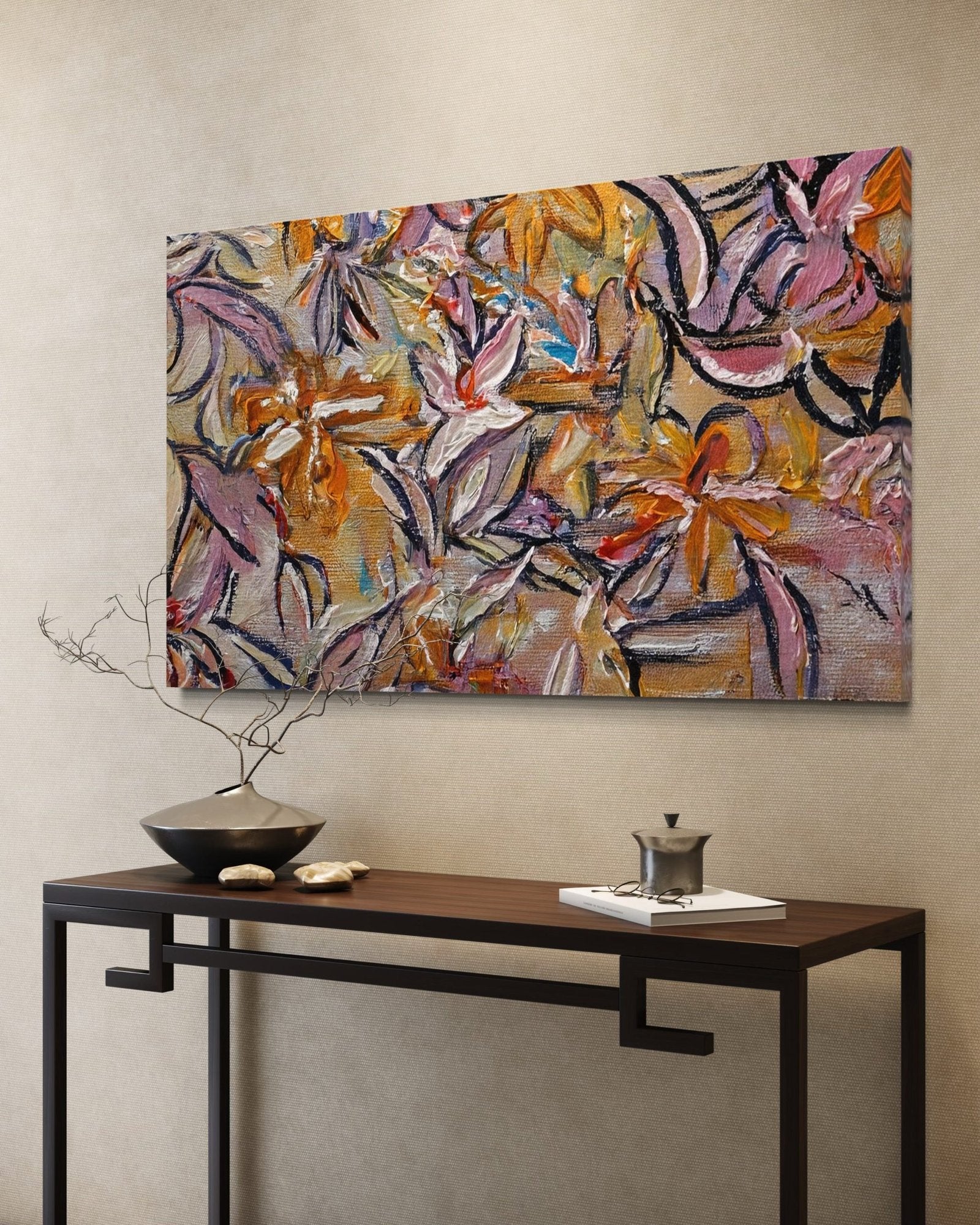 Autumnal Tapestry: A Richly Textured Floral Canvas Painting for a Warm Interior