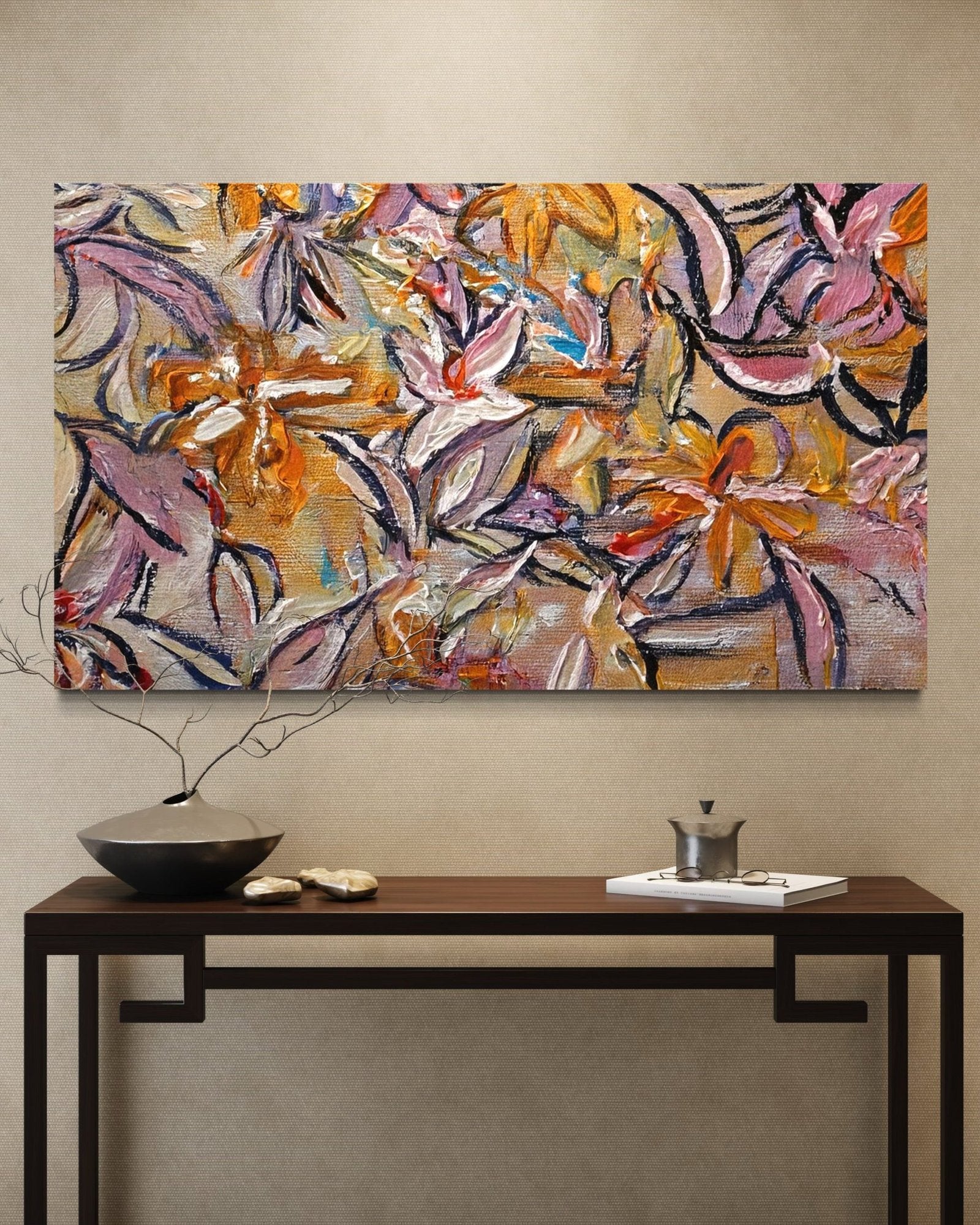 Autumnal Tapestry: A Richly Textured Floral Canvas Painting for a Warm Interior
