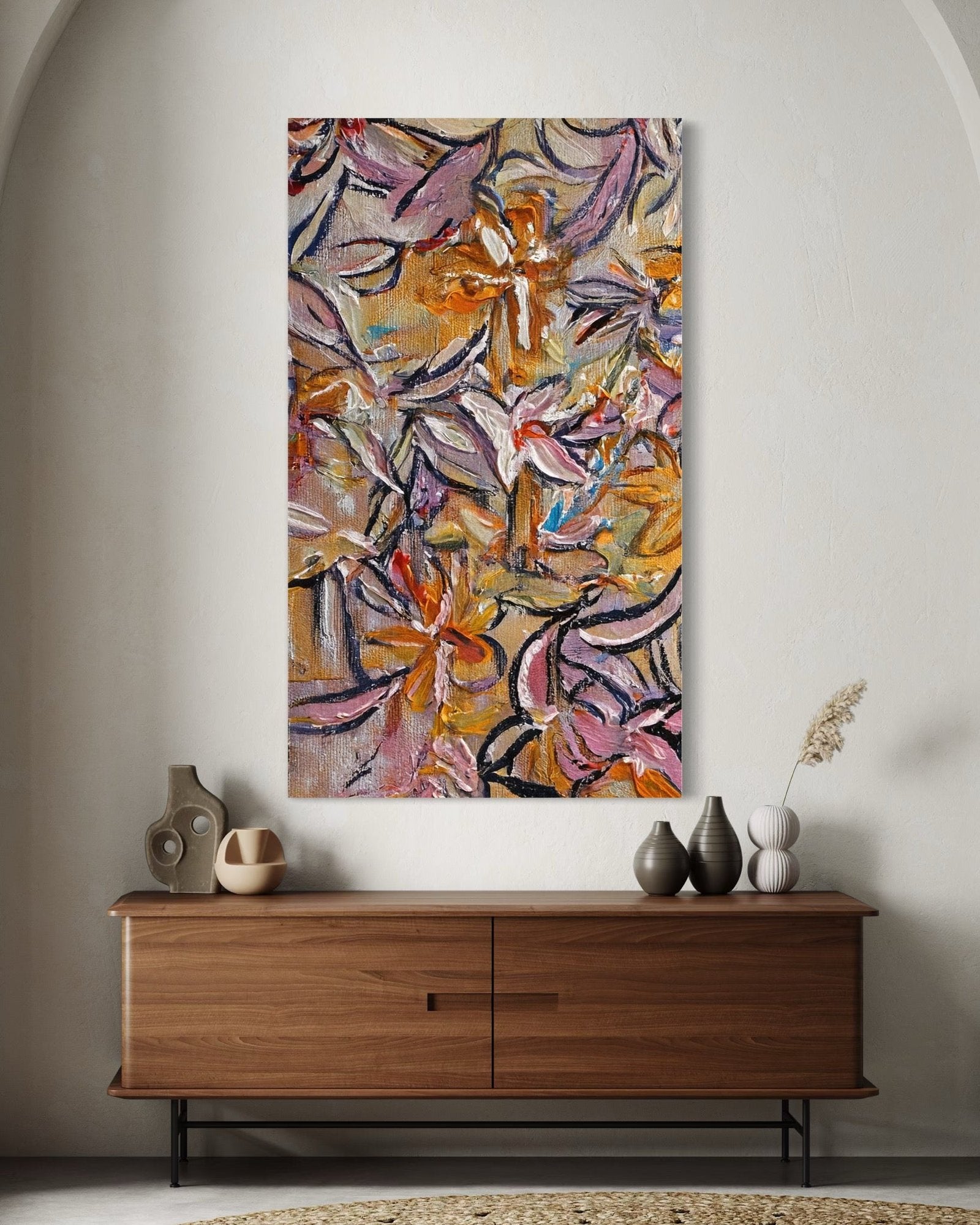 Autumnal Tapestry: A Richly Textured Floral Canvas Painting for a Warm Interior