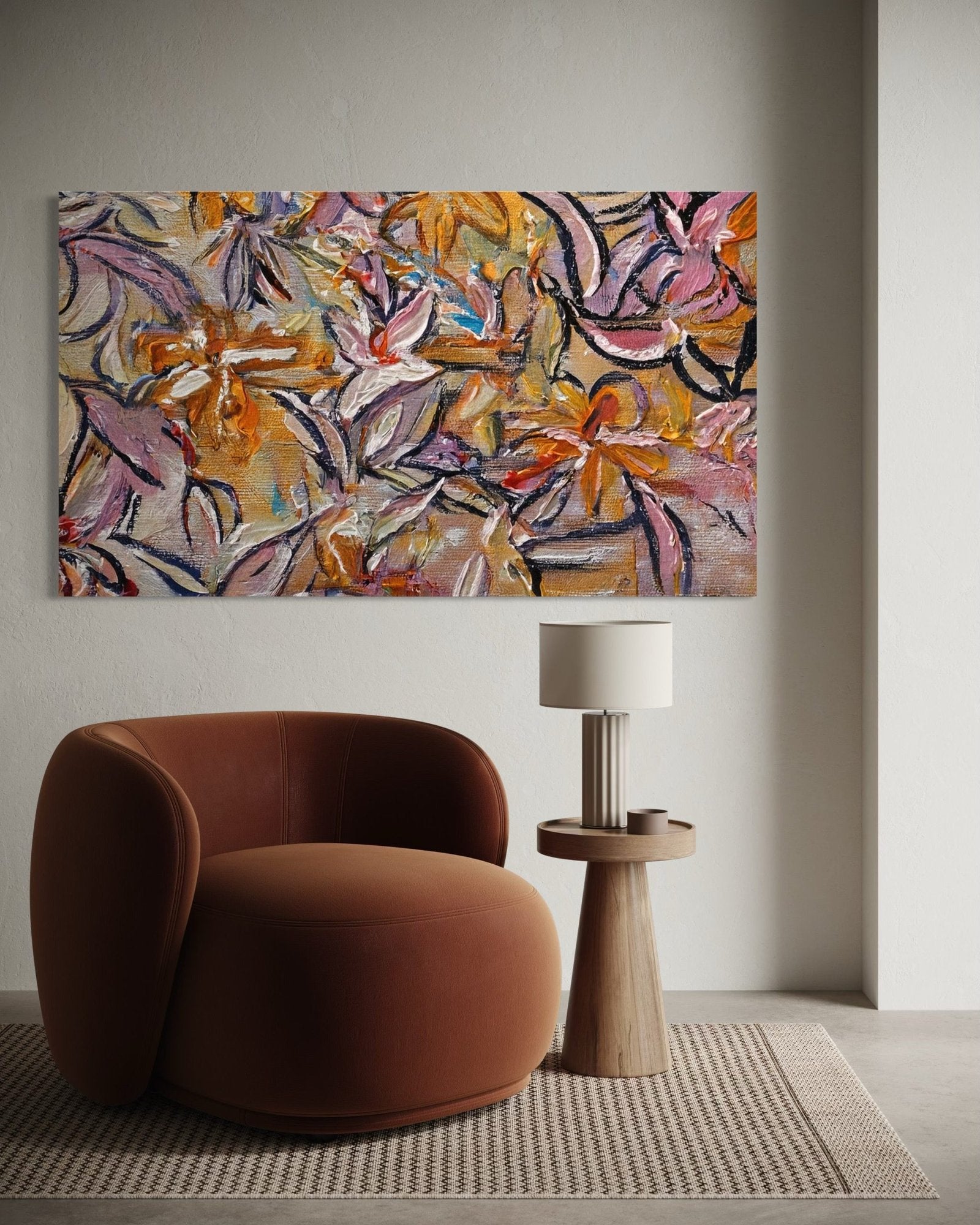 Autumnal Tapestry: A Richly Textured Floral Canvas Painting for a Warm Interior