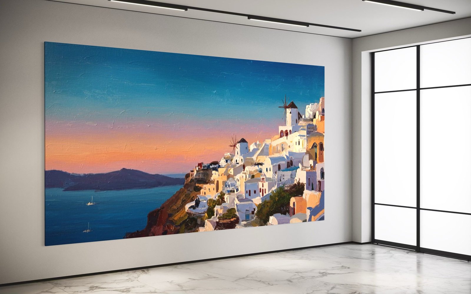 Aegean Glow: A Breathtaking Coastal Cityscape Canvas Painting