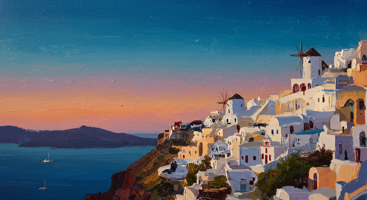 Aegean Glow: A Breathtaking Coastal Cityscape Canvas Painting