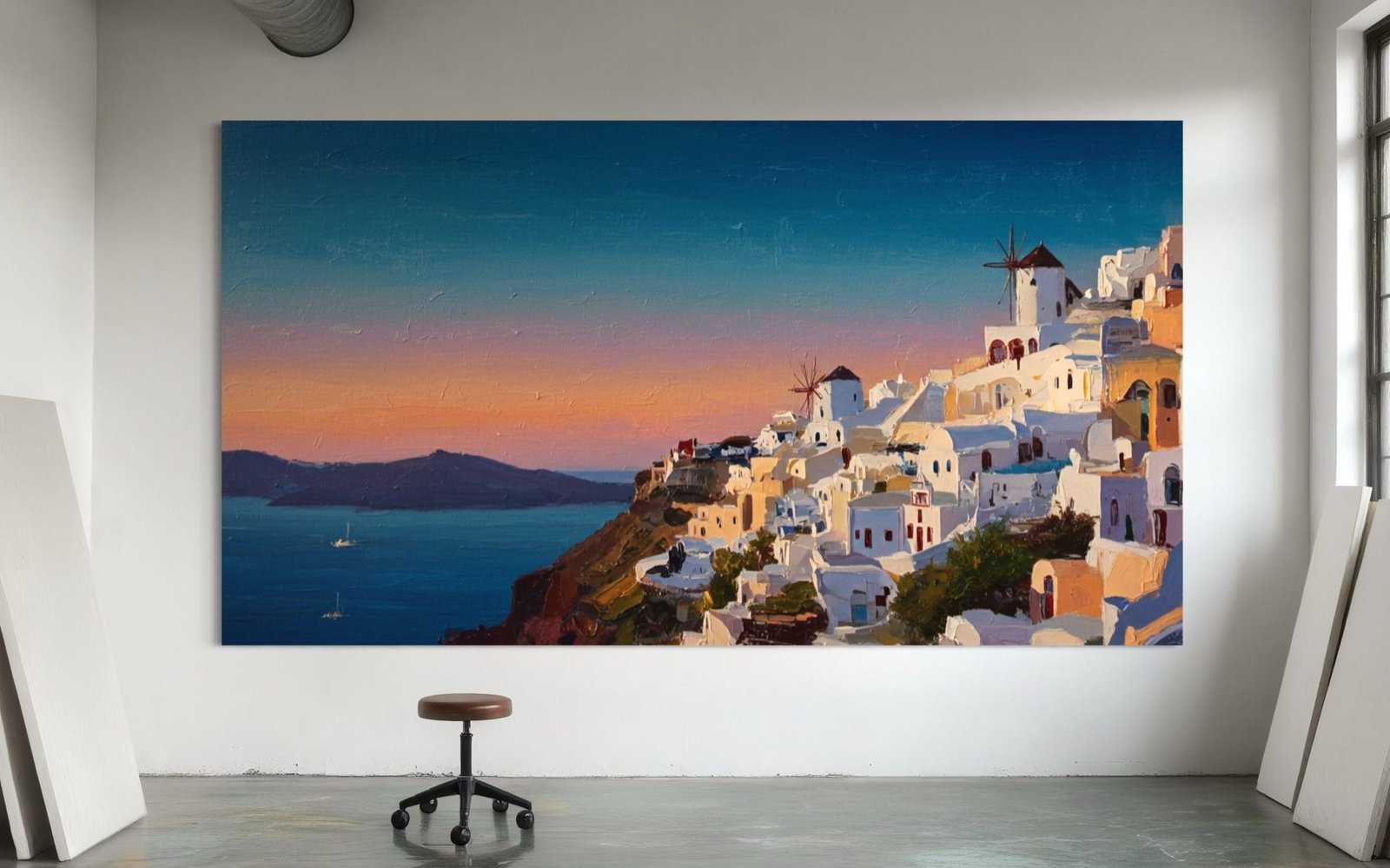Aegean Glow: A Breathtaking Coastal Cityscape Canvas Painting