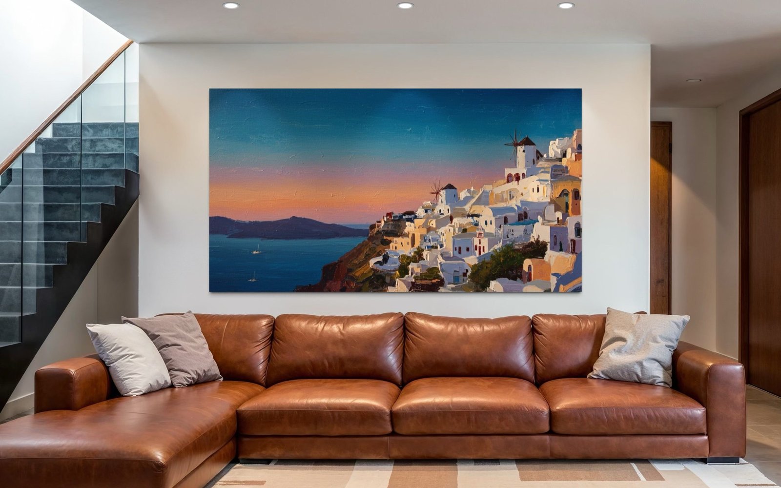 Aegean Glow: A Breathtaking Coastal Cityscape Canvas Painting