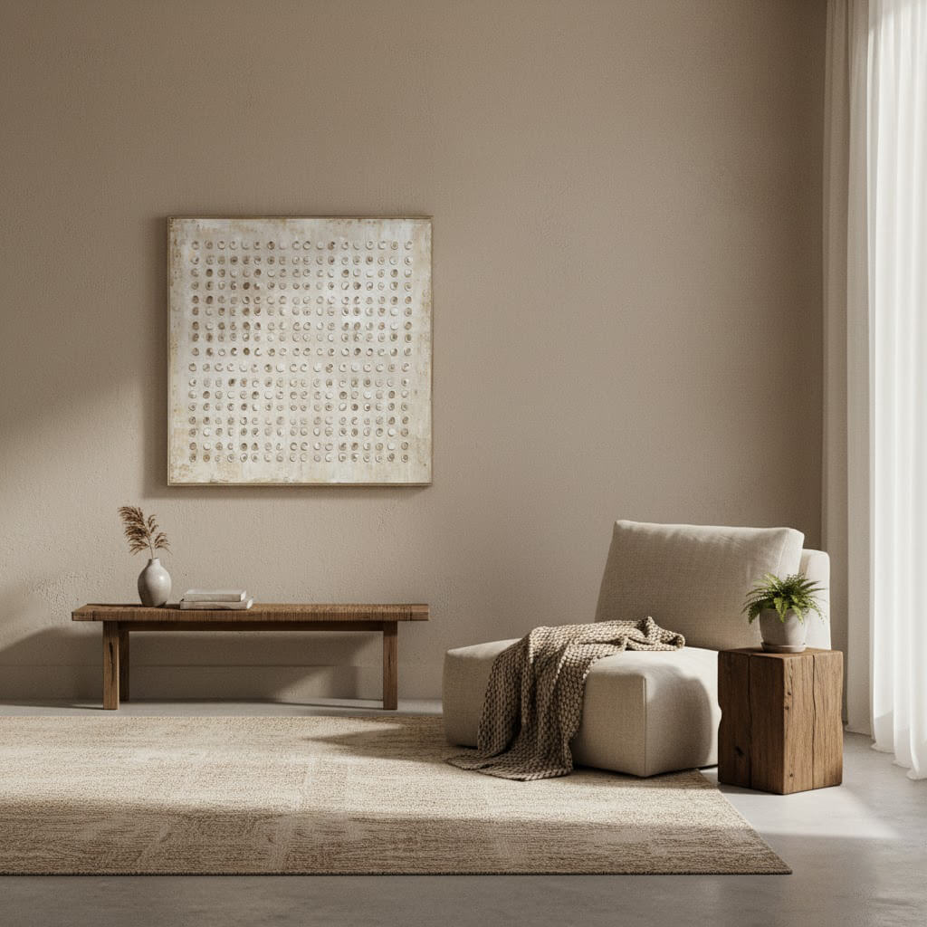 Pale Abacus: Textured Neutral Abstract Painting with 3D Circular Relief