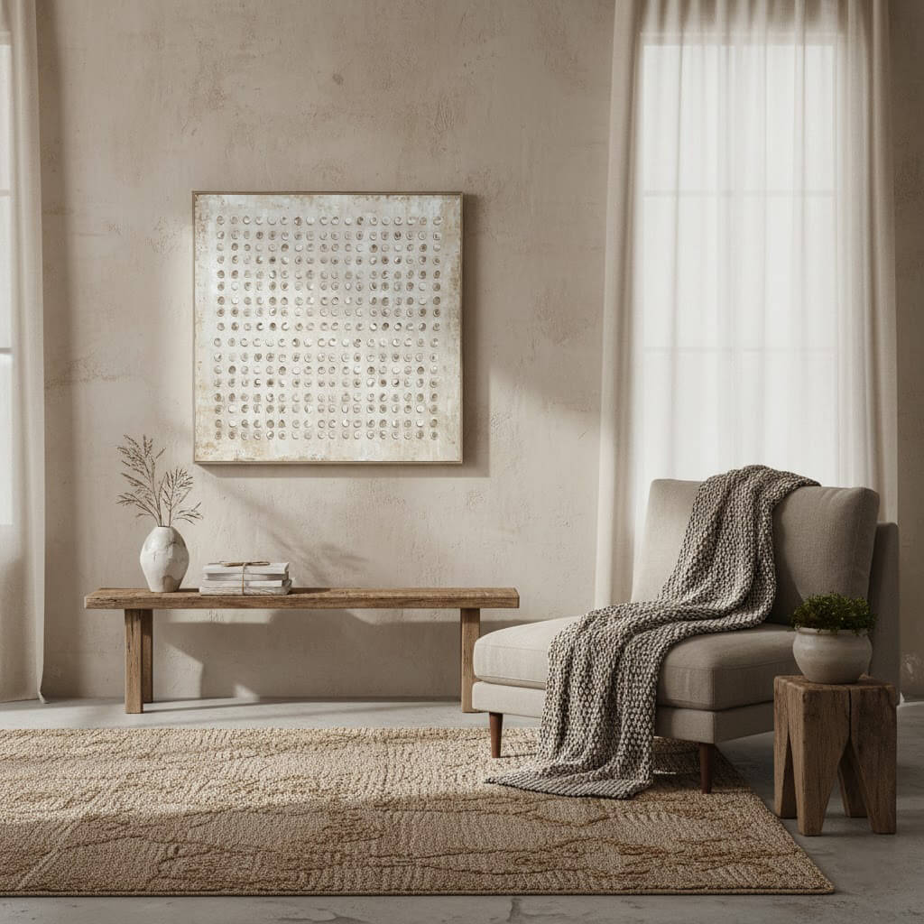 Pale Abacus: Textured Neutral Abstract Painting with 3D Circular Relief