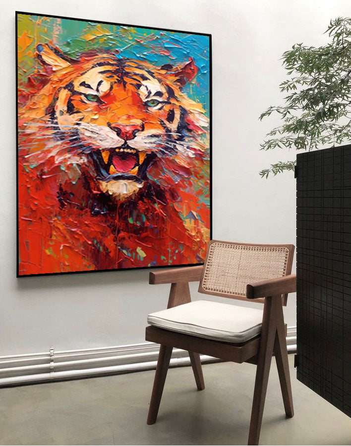 Primal Fire: A Textured Tiger Wall Art for Modern Office Decor