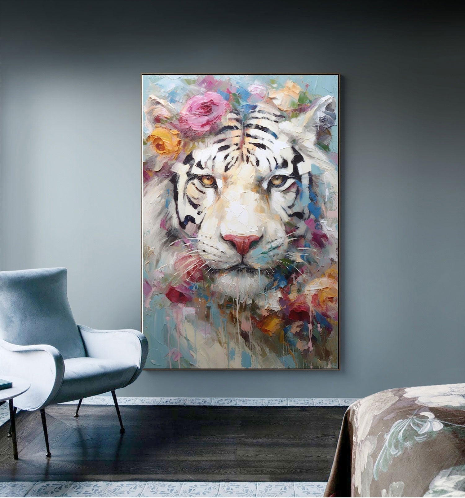 Floral Majesty: Textured Abstract Floral Paintings for Bedroom Decor