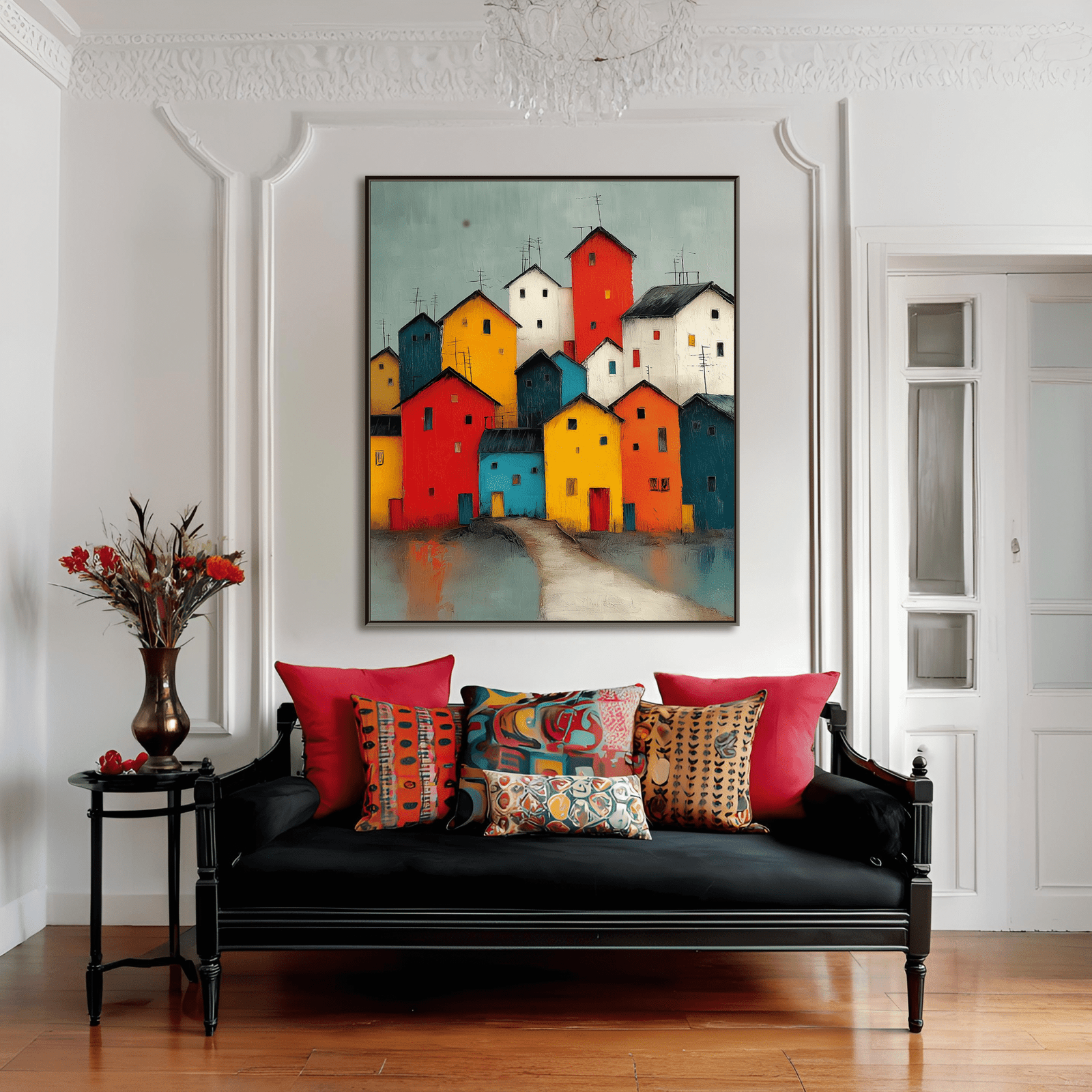 Village Vibrance: A Colorful Contemporary Cityscape Canvas Painting