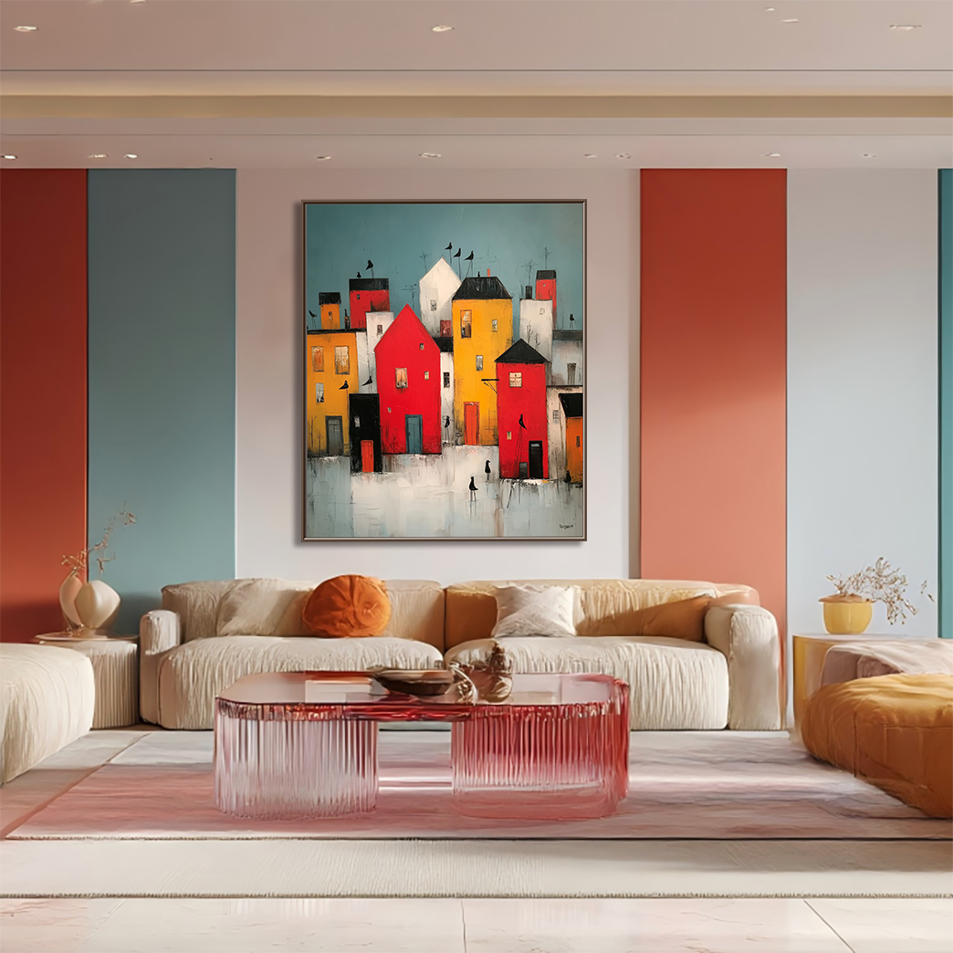 Village Vibrance: A Colorful Contemporary Cityscape Canvas Painting