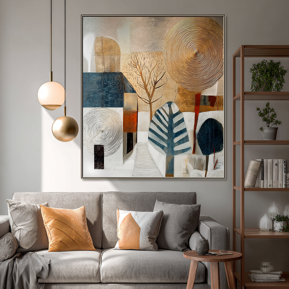 Sundown Quarter: Textured Geometric Abstract Cityscape Painting for Modern Wall Decor