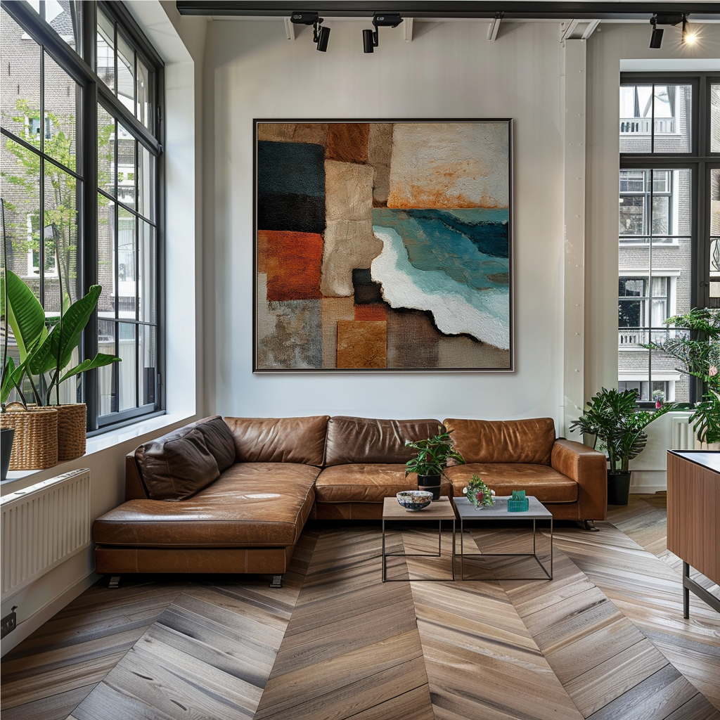 Earthen Coast: Geometric Textured Abstract Coastal Landscape Painting for Living Room