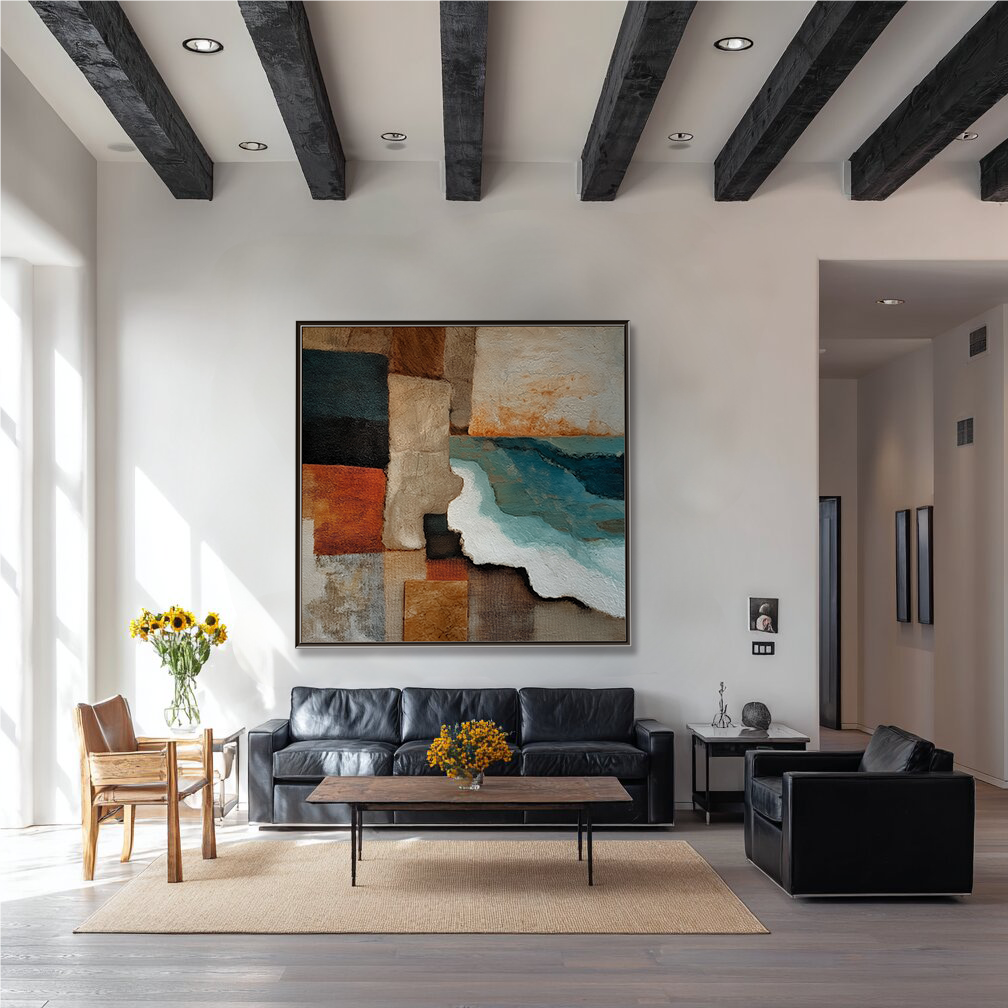 Earthen Coast: Geometric Textured Abstract Coastal Landscape Painting for Living Room