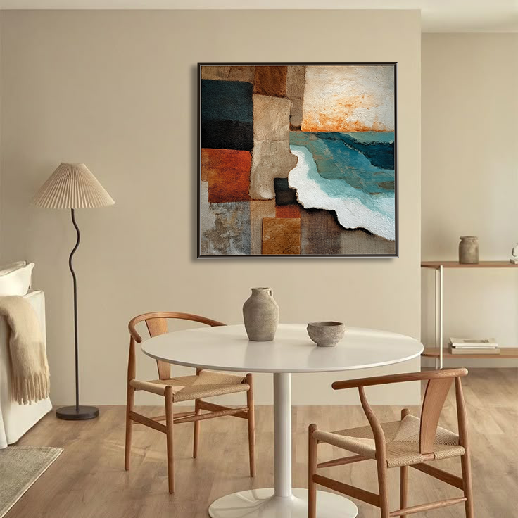 Earthen Coast: Geometric Textured Abstract Coastal Landscape Painting for Living Room