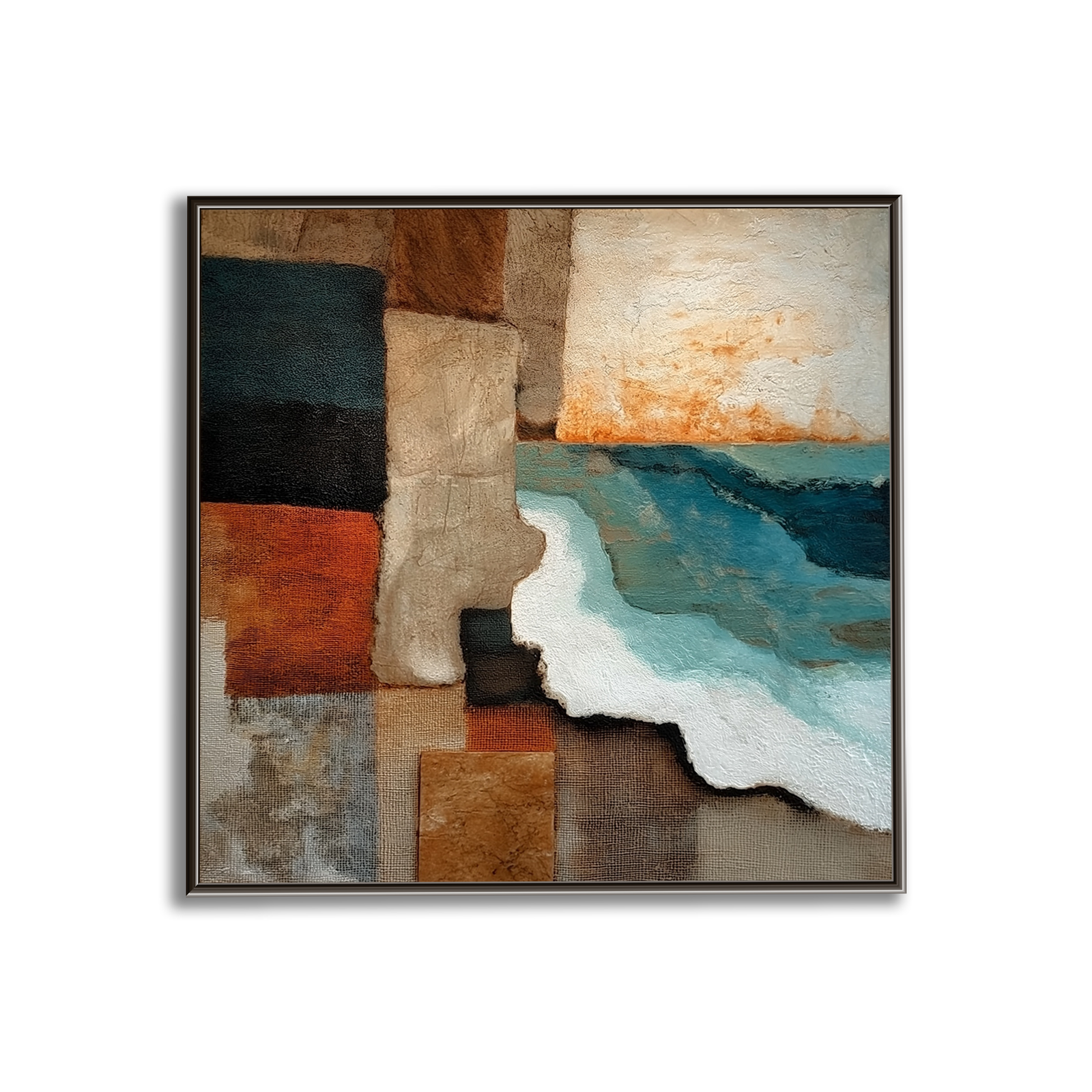 Earthen Coast: Geometric Textured Abstract Coastal Landscape Painting for Living Room