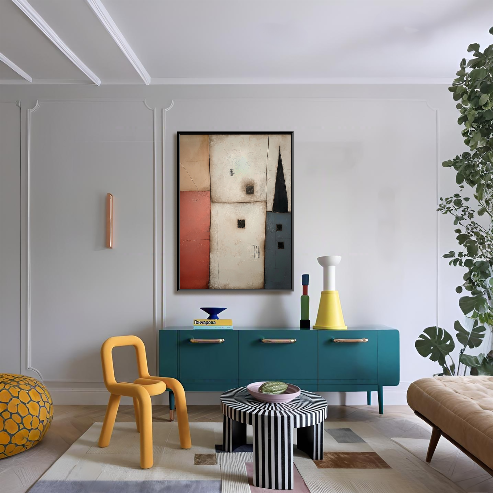 Earthen Hamlet: Minimalist Textured Abstract Cityscape Painting for Hallway Wall Art