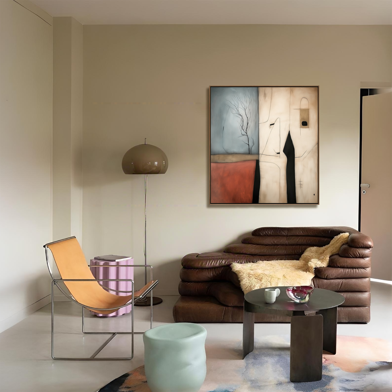 Silent Vista: Wabi Sabi Textured Abstract Landscape Painting with Minimalist Tree