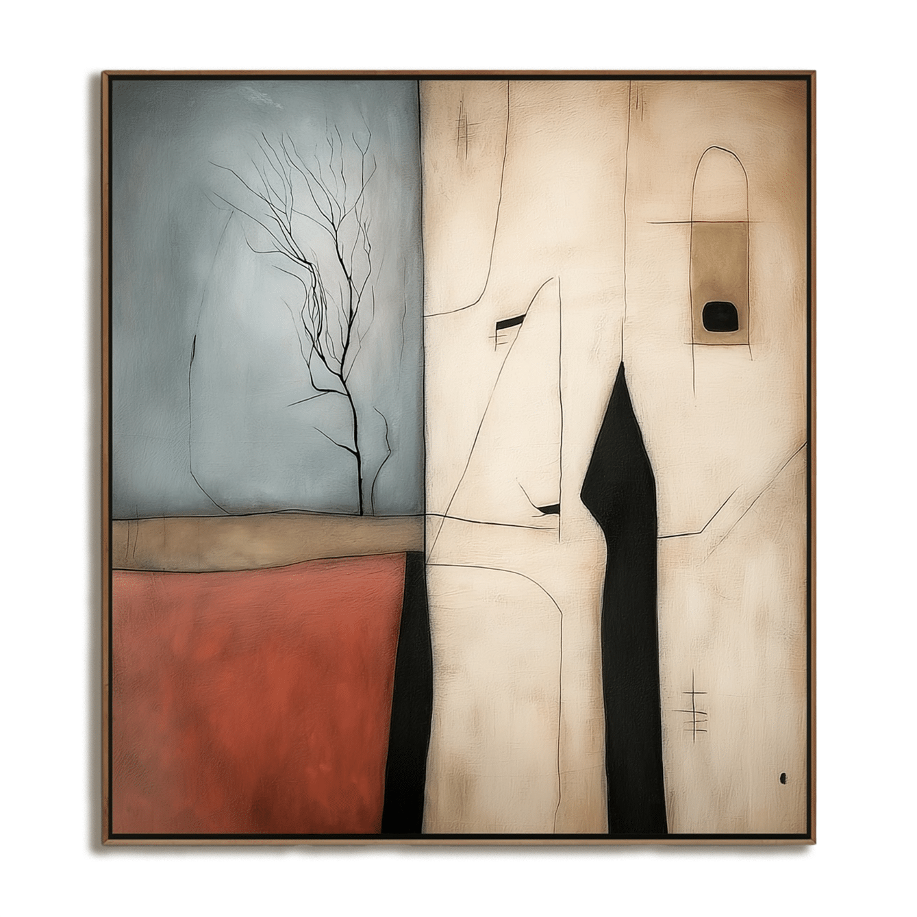 Silent Vista: Wabi Sabi Textured Abstract Landscape Painting with Minimalist Tree