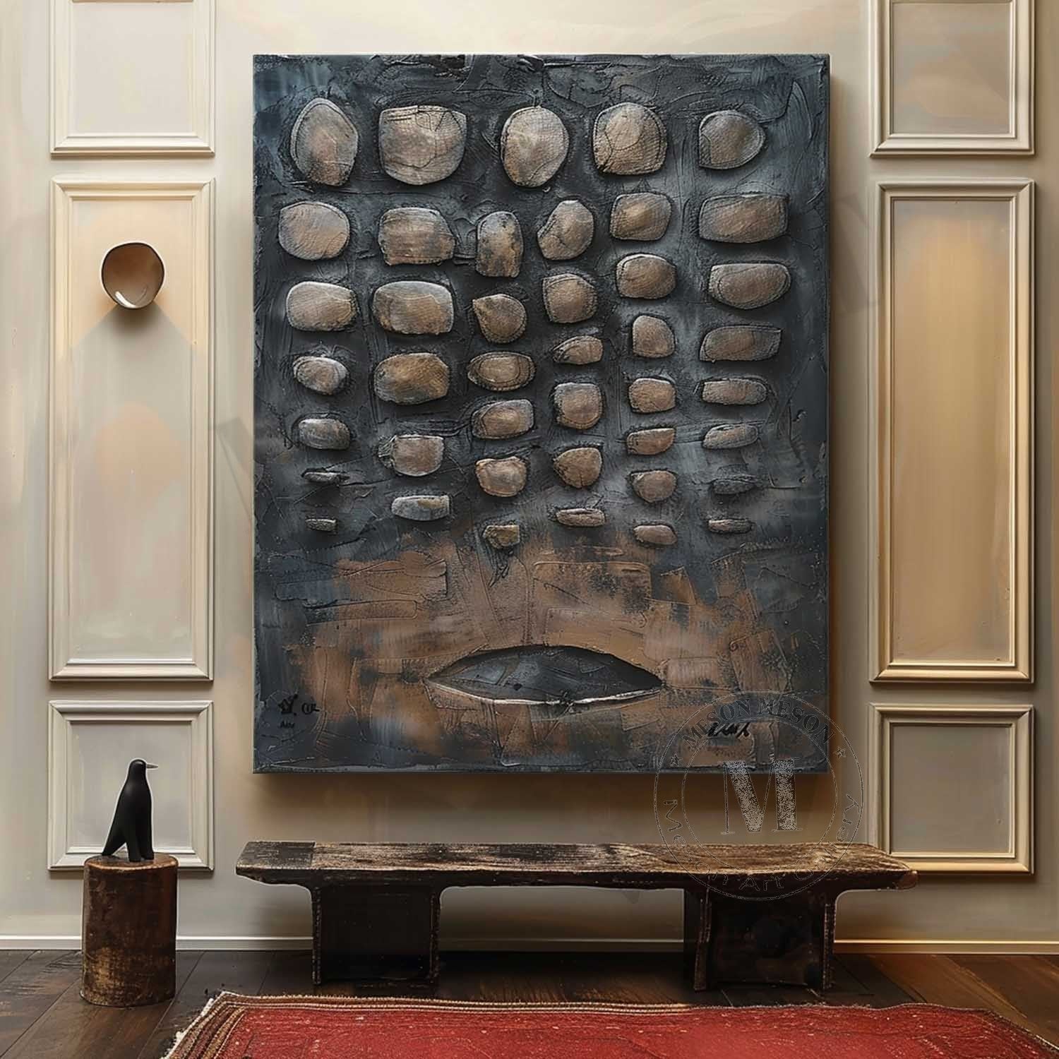 Earthen Relic: Industrial Wabi Sabi Textured Painting with Sculptural 3D Stones