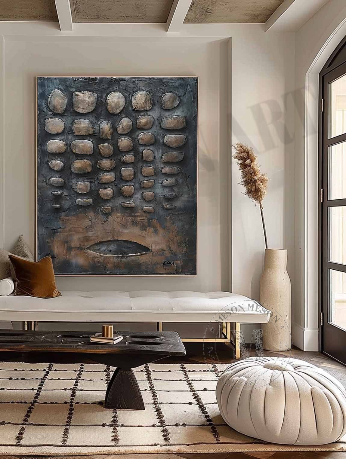 Earthen Relic: Industrial Wabi Sabi Textured Painting with Sculptural 3D Stones