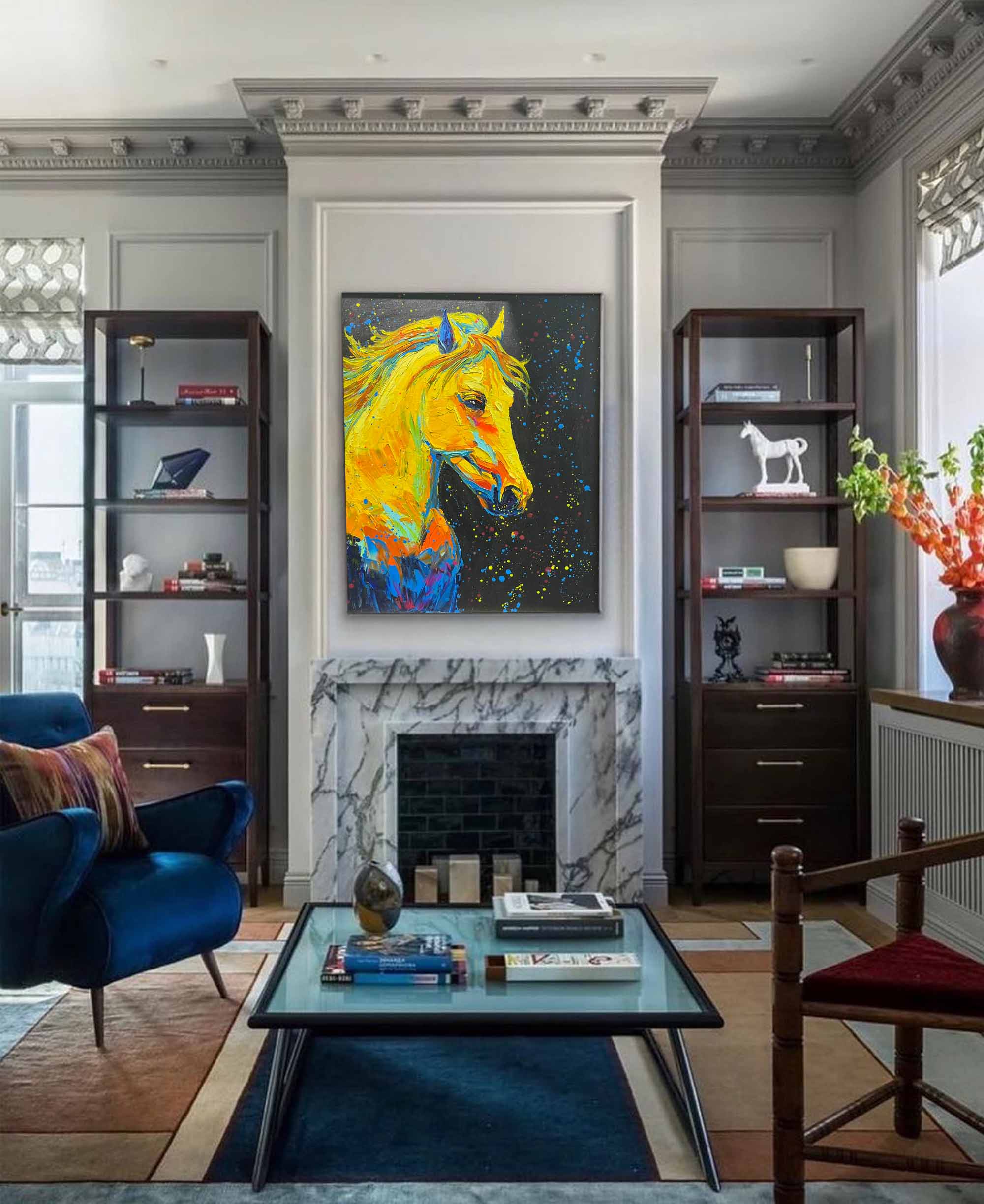 Golden Comet: A Vibrant Textured Horse Wall Art for Living Room Decor