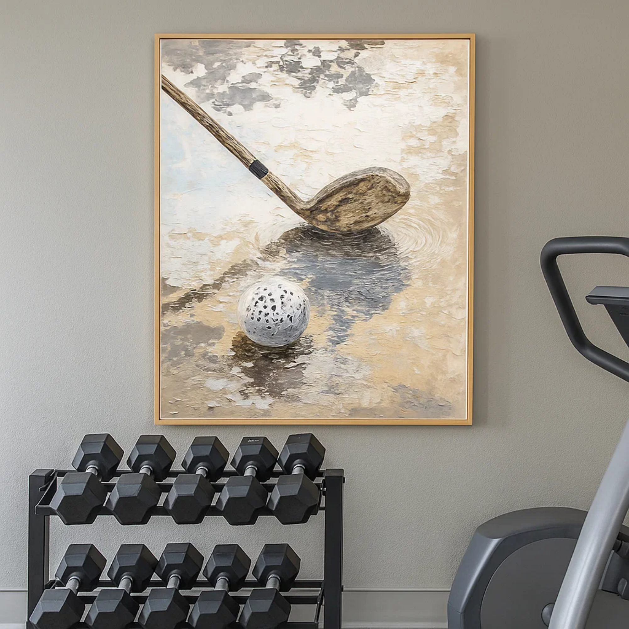 Neutral Golf Wall Art, Textured Beige Gray Canvas Painting for Sports Room or Office