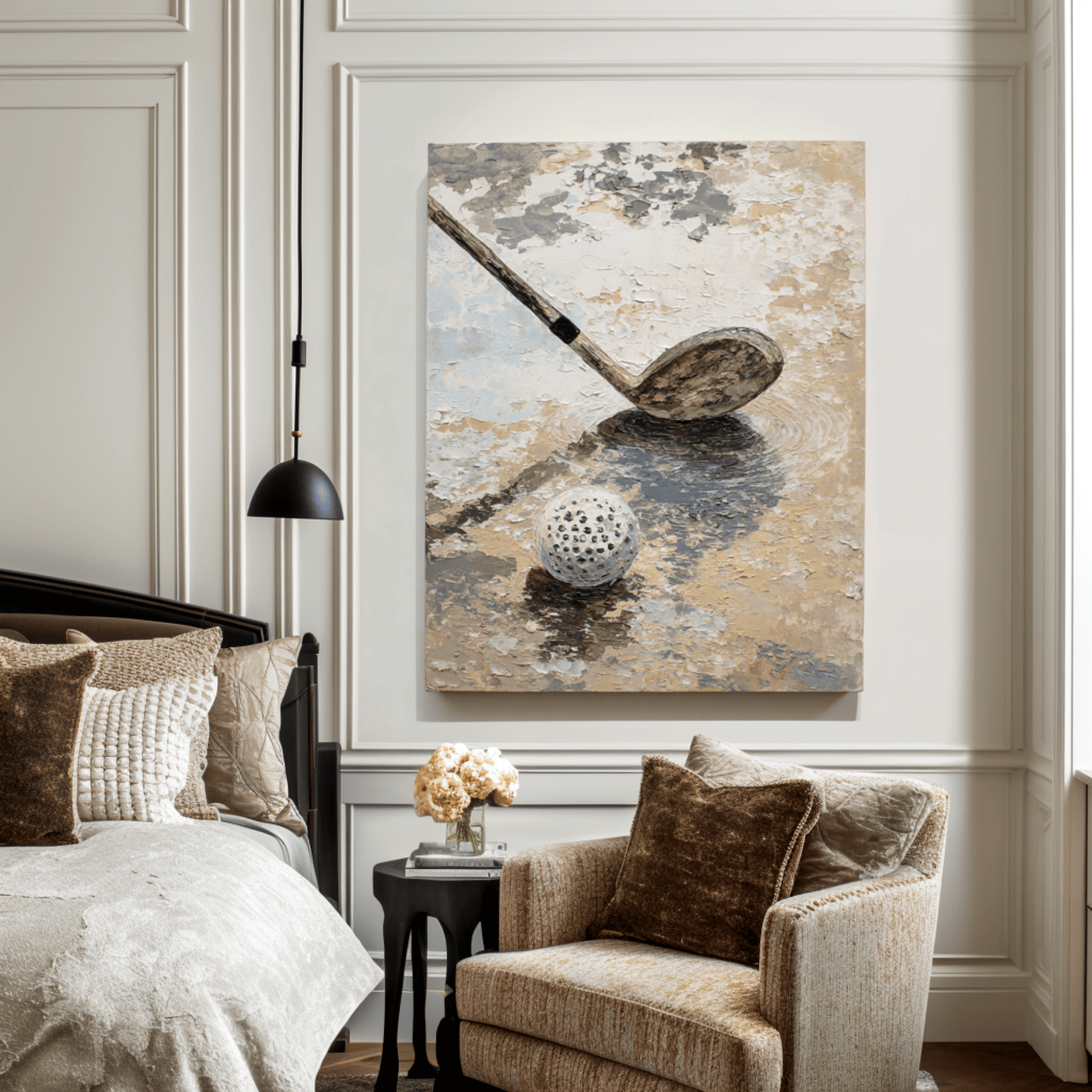 Neutral Golf Wall Art, Textured Beige Gray Canvas Painting for Sports Room or Office