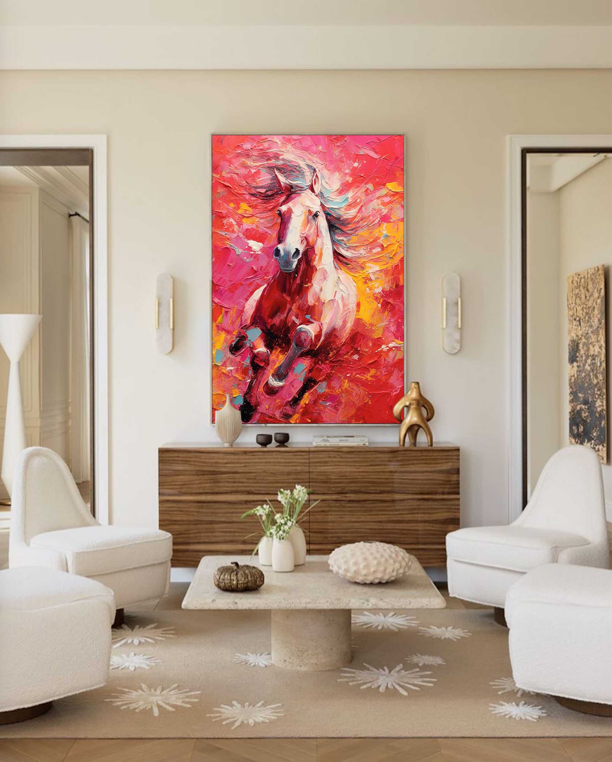 Crimson Gallop: A Vibrant Horse Wall Art for Living Room Decor