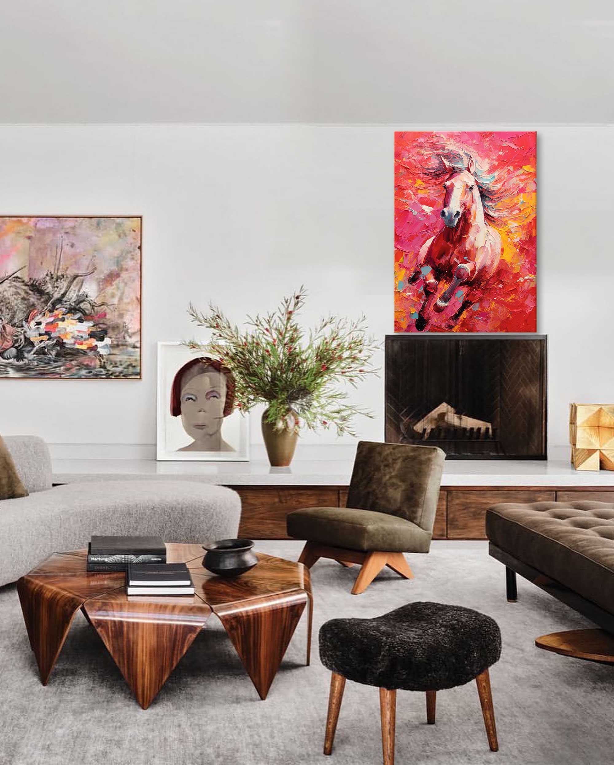 Crimson Gallop: A Vibrant Horse Wall Art for Living Room Decor