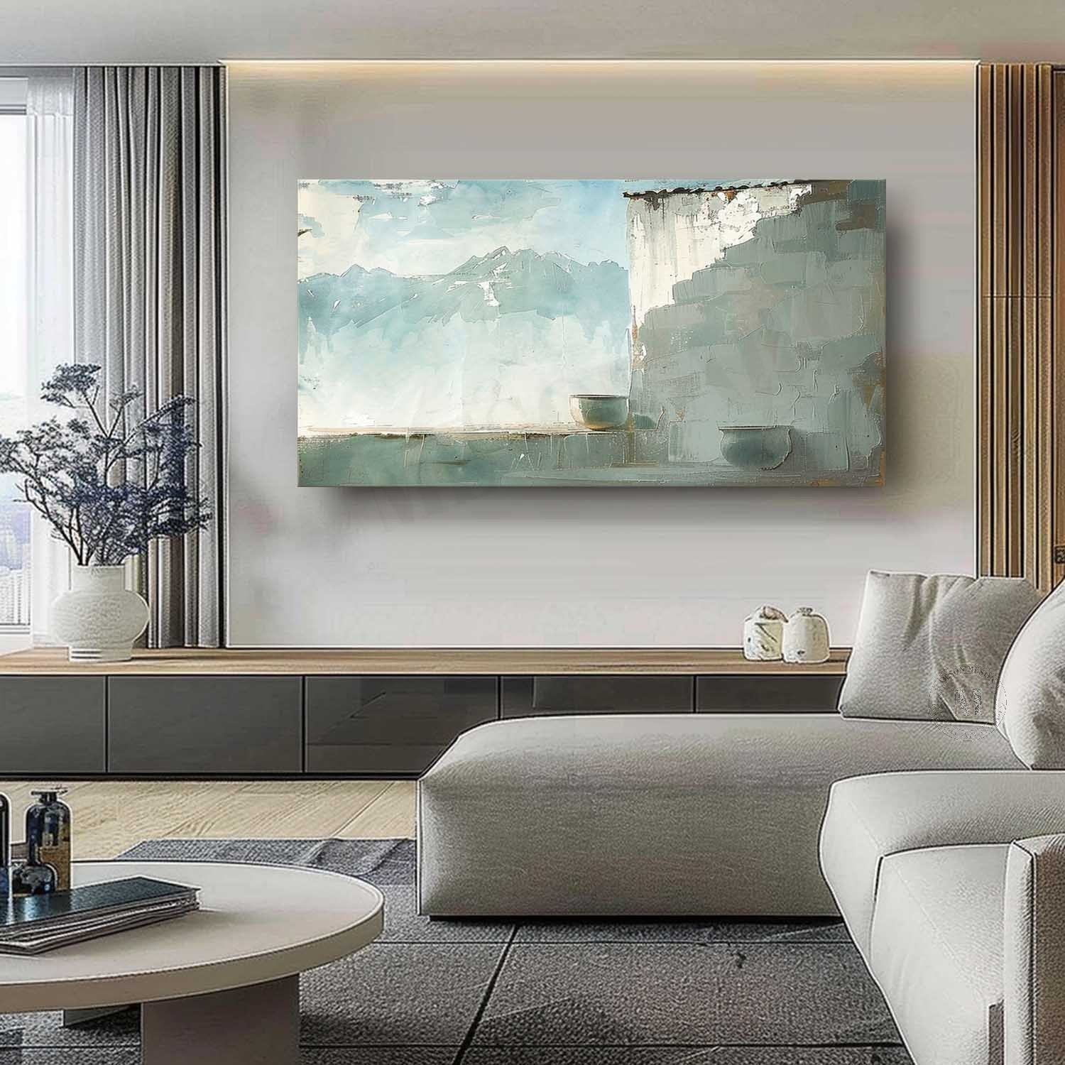 Wabi Sabi Mountain Landscape Wall Art, Blue Neutral Textured Canvas for Living Room