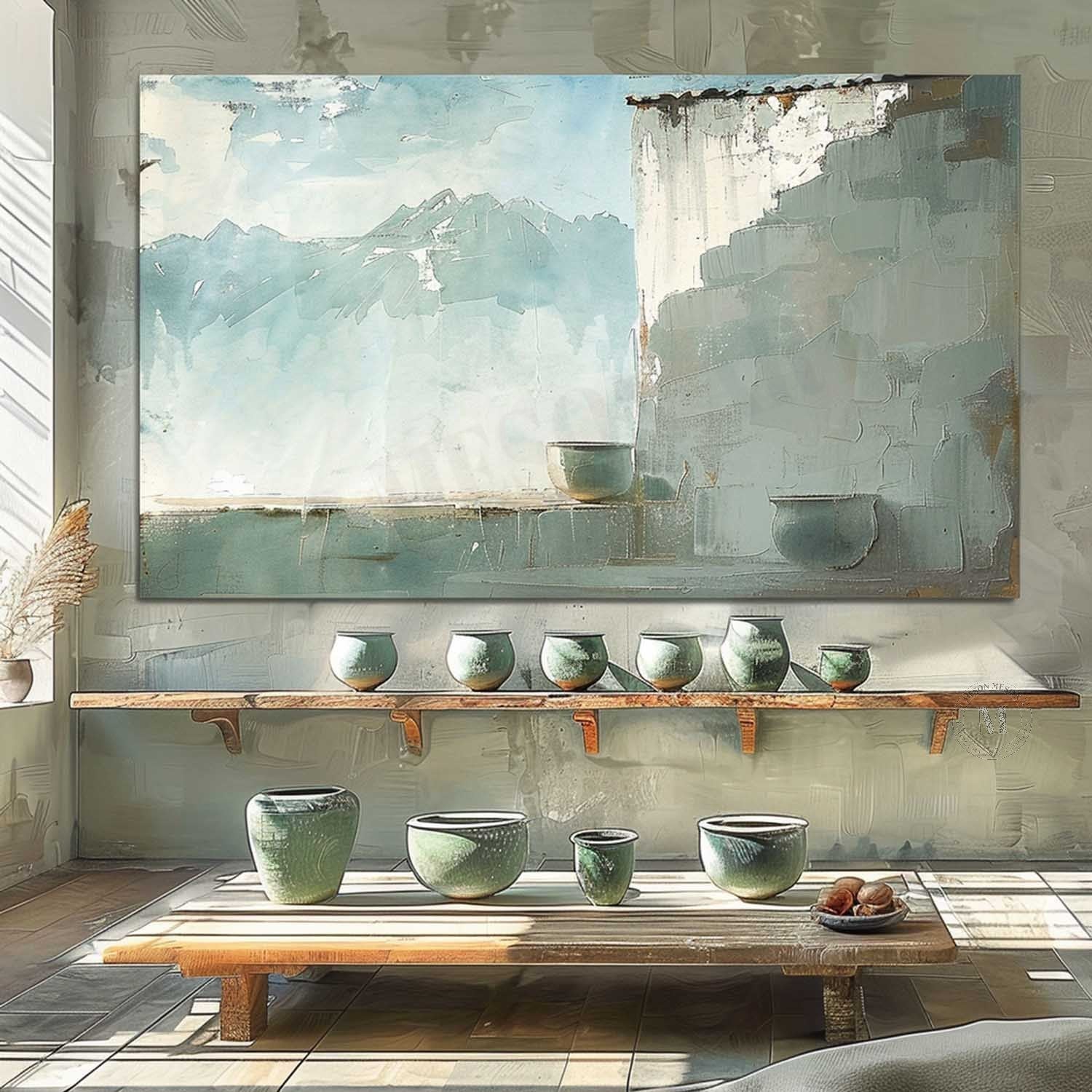 Wabi Sabi Mountain Landscape Wall Art, Blue Neutral Textured Canvas for Living Room