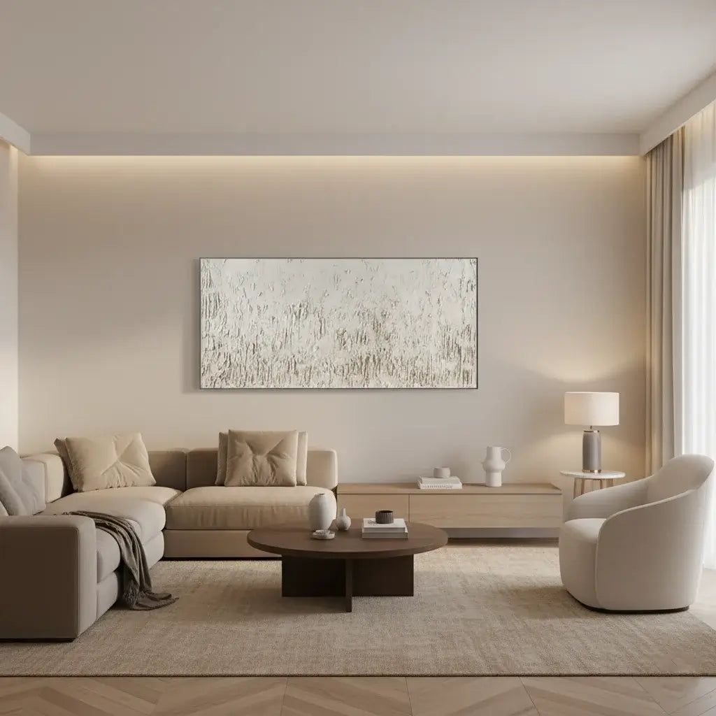 Pale Frequency: Textured White Abstract Painting for Minimalist Living Room Decor