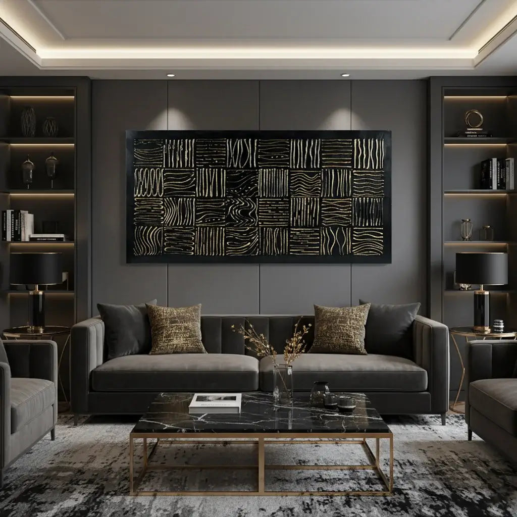 Midnight Mosaic: Textured Black and White Abstract Painting with Geometric Patterns