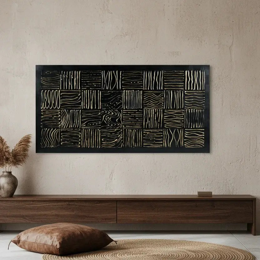 Midnight Mosaic: Textured Black and White Abstract Painting with Geometric Patterns