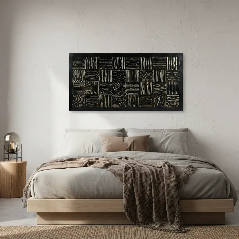 Midnight Mosaic: Textured Black and White Abstract Painting with Geometric Patterns