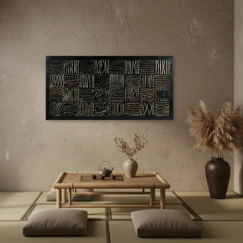 Midnight Mosaic: Textured Black and White Abstract Painting with Geometric Patterns